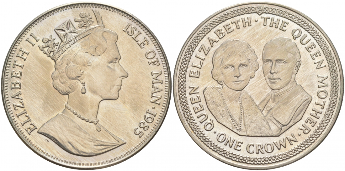 ОСТРОВ МЭН 1 КРОНА 1985 ГЕОРГ VI И ЕЛИЗАВЕТА, ПОРТРЕТ КМ 217 медно-никель UNC 73-523