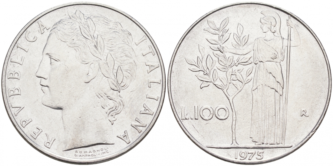 ИТАЛИЯ 100 ЛИР 1975 R, АФИНА KM 96.1 нержавеющая сталь 3855-816