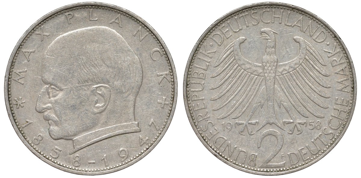 ФРГ 2 марки 1958 F, Макс Планк KM 116, J. 392 медно-никель плакированный никелем 4137-1015
