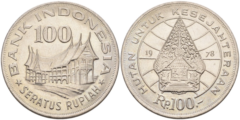 Индонезия 100 рупий 1978 хижина Минангкабау, легендарное Дерево Жизни KM 42 медно-никель UNC 189-845