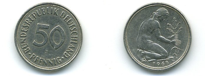 ФРГ 50 ПФЕННИГОВ 1968 J, KM 109.1, J. 384 медно-никель 46-2551