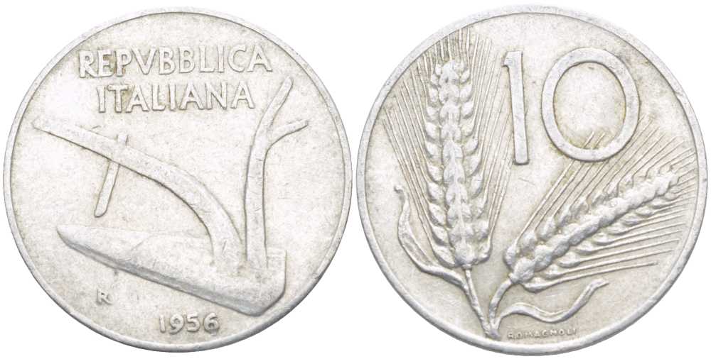 ИТАЛИЯ 10 ЛИР 1956 R, ПЛУГ, КОЛОСЬЯ KM 93 алюминий 175-414