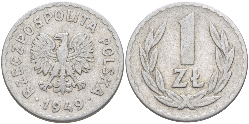 ПОЛЬША 1 ЗЛОТЫЙ 1949 KM 45а алюминий 4448-551