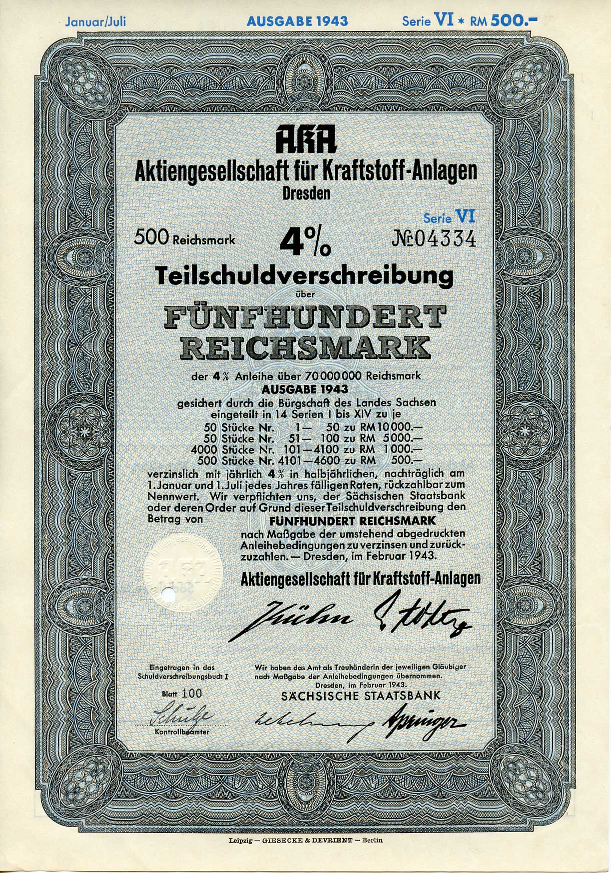 Германия 500 рейхсмарок 1943 АО топливных заводов, Дрезден, также известное как AKA, 4%частичное обязательство, серия XIV, облигация   бумага   8802-49-1