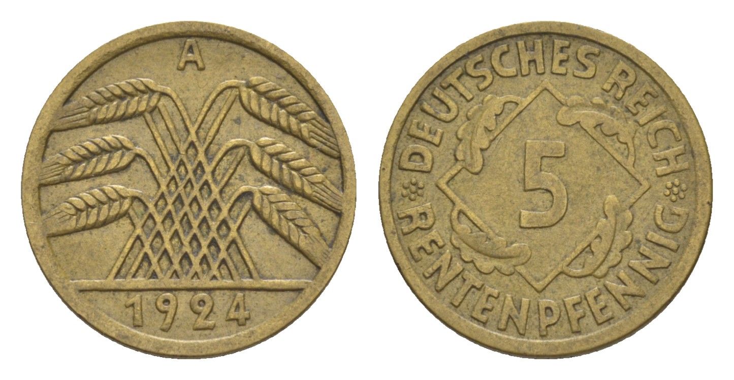 Германия 5 рентенпфеннигов 1924 A KM 32, J. 308 алюминиевая бронза 4644-1127