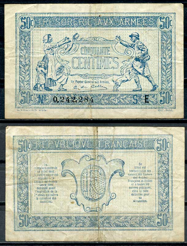 Франция 50 сантимов ND (1917) казначейство вооруженных сил, женщина с детьми, солдат с ребенком, серия E Pick M1 бумага 3295-102-4-2