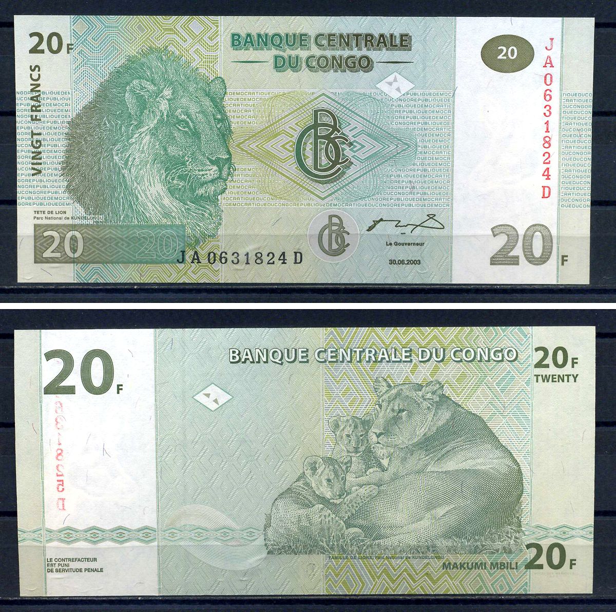 ДР Конго 20 франков 2003 львы Pick 94 a бумага UNC (пресс) 8616-56-1-1