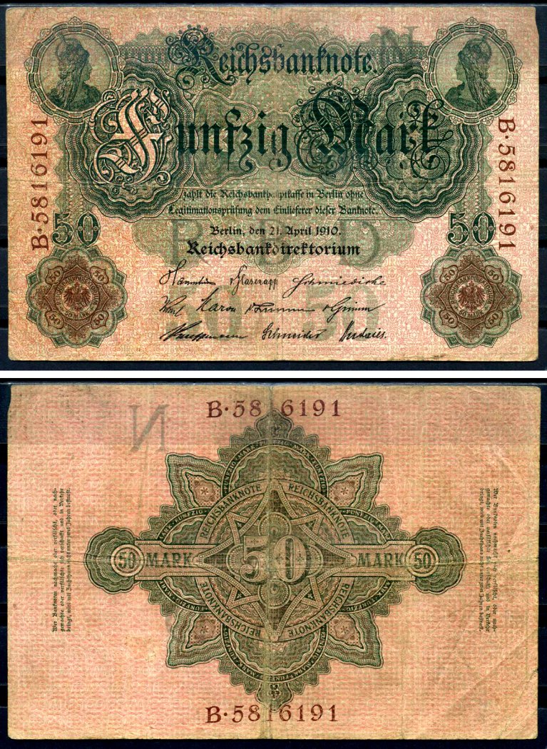 Германия 50 марок 1910 Pick 41 бумага 7523-23-3-2
