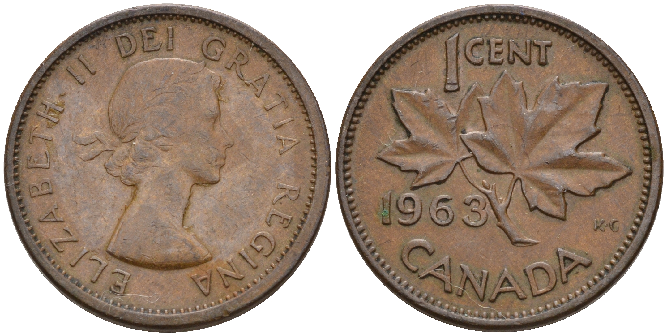 Канада 1 цент 1963 Елизавета II (1952-2022), кленовый лист KM 49 бронза    4160-1159