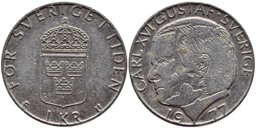 Швеция 1 крона 1977 Карл XVI Густав (1973- ) KM 852 медь плакированная медно-никелем 4397-837