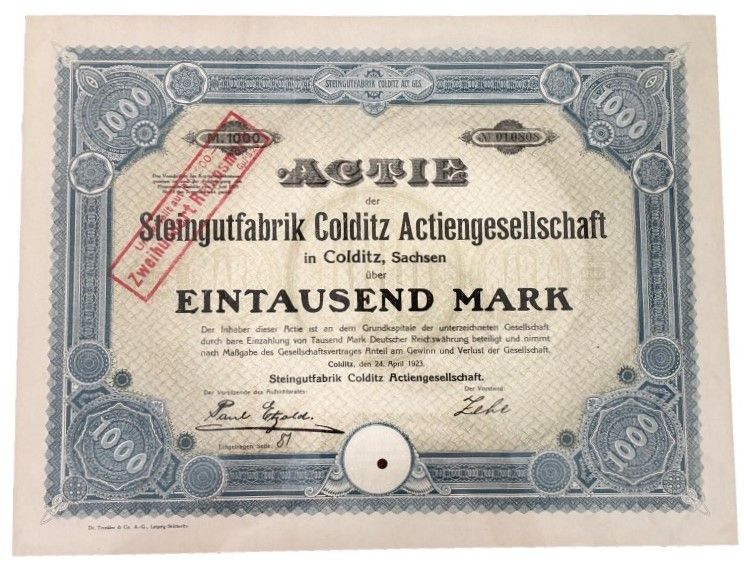 Германия акция в 1000 марок 1922 Фаянсовая фабрика Кольдиц АО в Кольдице, Саксония, Steingutfabrik Colditz AG in Colditz, Sachsen бумага 5555-21