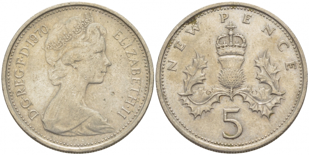 Великобритания 5 пенсов 1970 Елизавета II (1952-2022) KM 911, Spink 4233 (D1) медно-никель 77-211