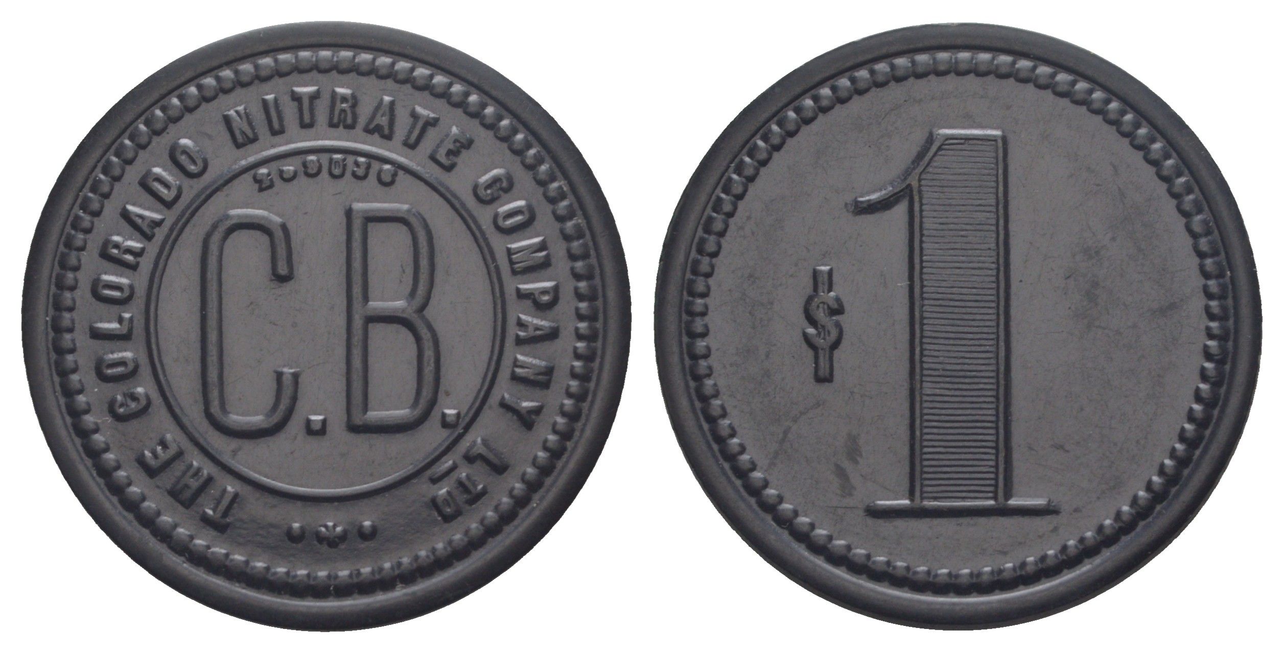 Чили, Кармен Баджо (Carmen Bajo), Посо-Альмонте шахтерский жетон с Селитряного рудника для покупки в местных магазинах, номиналом в 1 песо 1880-1920 диаметр 34,5 мм, вес 3,61 гр Espinosa 65.9 эбонит (черный) 1094-11-54