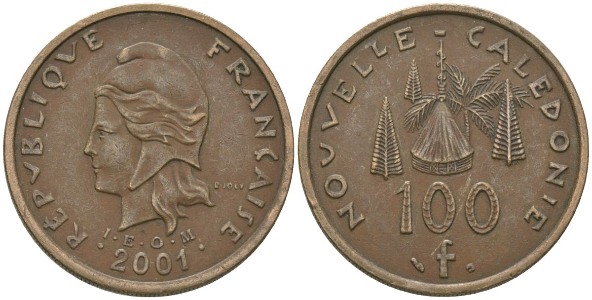 Французская Новая Каледония 100 франков 2001 хижина среди сосен и пальм, (IEOM) KM 15, Schoen 16, Lec 139e никель бронза 97-1025