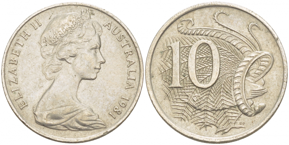 Австралия 10 центов 1981 Елизавета II (1952-), птица лирахвост KM 65 медно-никель 3457-651