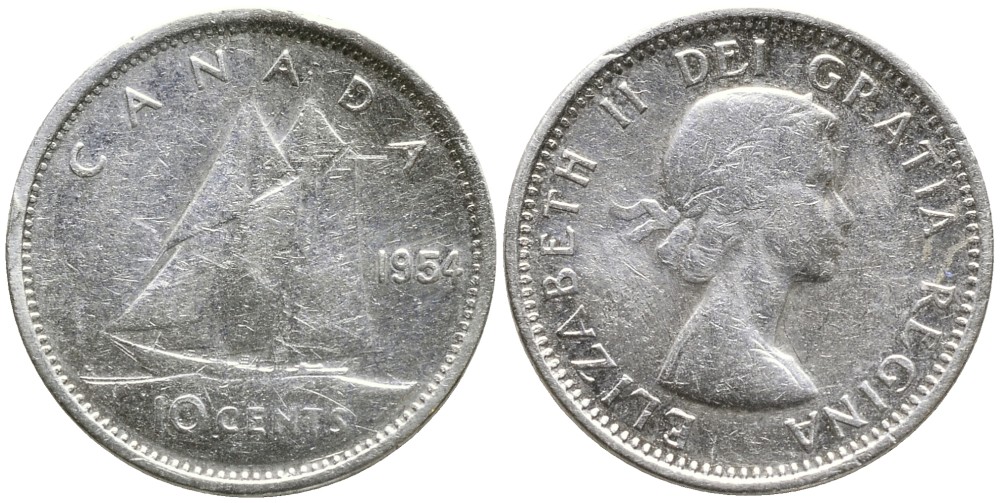 Канада 10 центов 1954 Елизавета II (1952-2022), парусник KM 51 серебро 4532-751