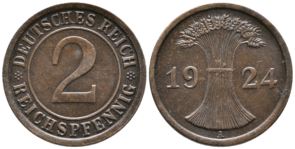ГЕРМАНИЯ 2 РЕЙХСПФЕННИГА 1924 A KM 38, J. 314 бронза 24-734