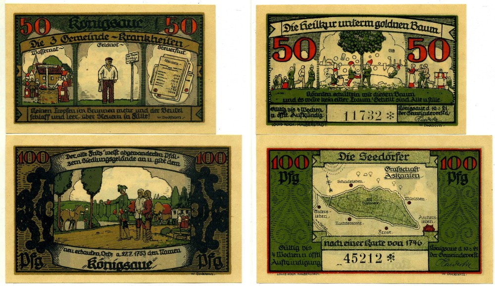 КЁНИГЗАУЕ (KONIGSAUE) лот из 2 БАНКНОТ 1921 10 ИЮНЯ 1921, НОТГЕЛЬД (50 И 100 пфеннигов), ЗЕМЛЯ Grabowski 721.1а бумага 2195-7-1-1