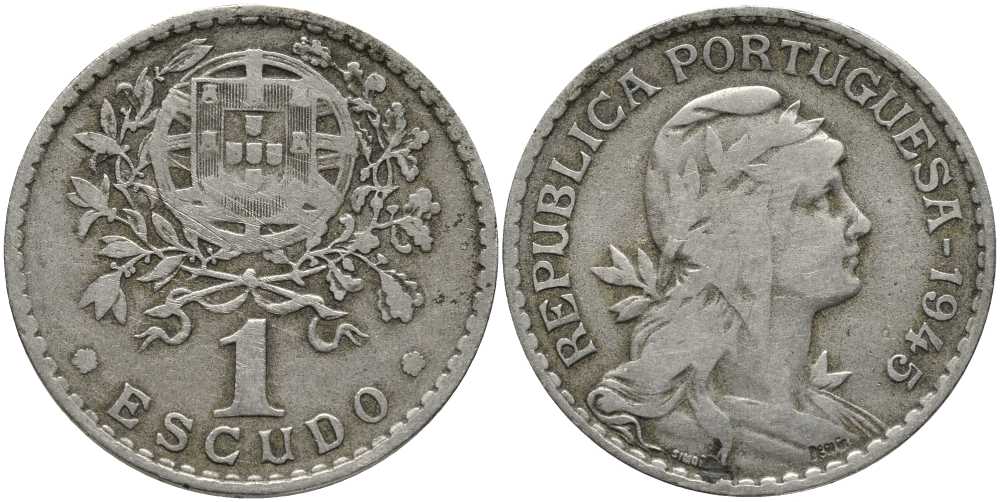 ПОРТУГАЛИЯ 1 ЭСКУДО 1945 ГОЛОВА СВОБОДЫ ВПРАВО КМ 578 медно-никель 202-346