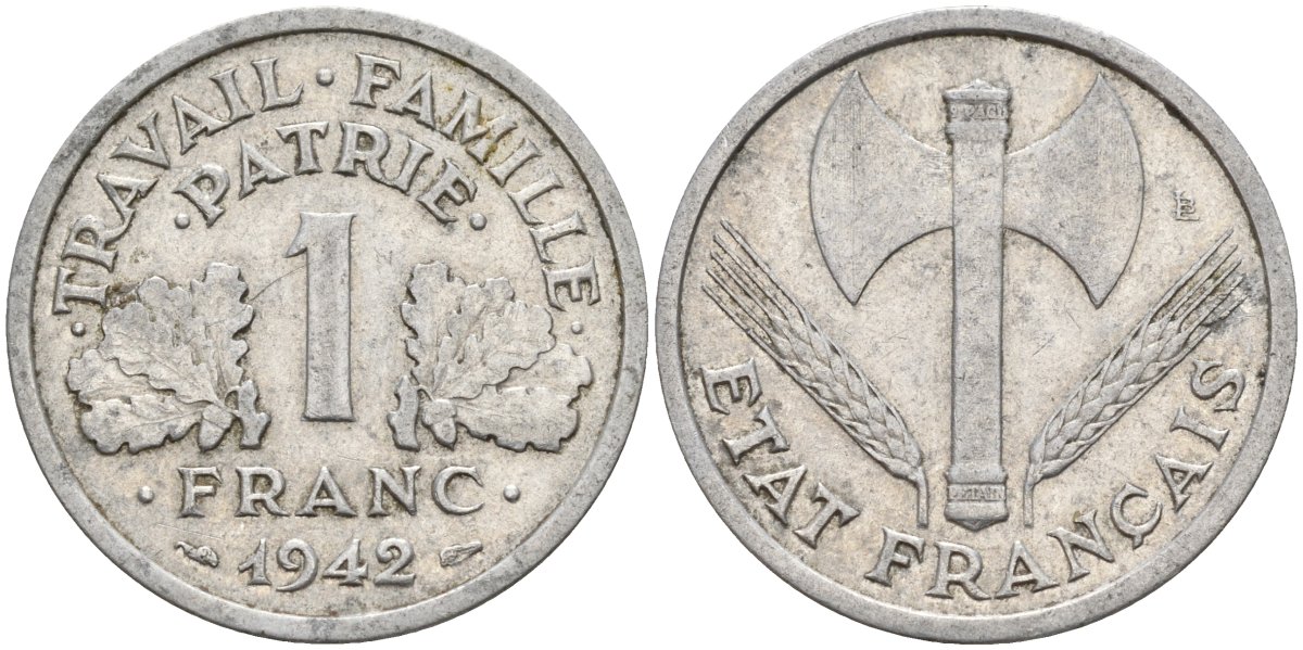 Франция 1 франк 1942 LB, тип Lourde, правительство Виши KM 902.1, Le Franc 222.2 алюминий 4142-914