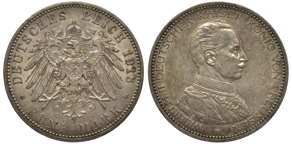 Пруссия 5 марок 1913 Вильгельм II в мундире KM 536, J.114 серебро 3711-413