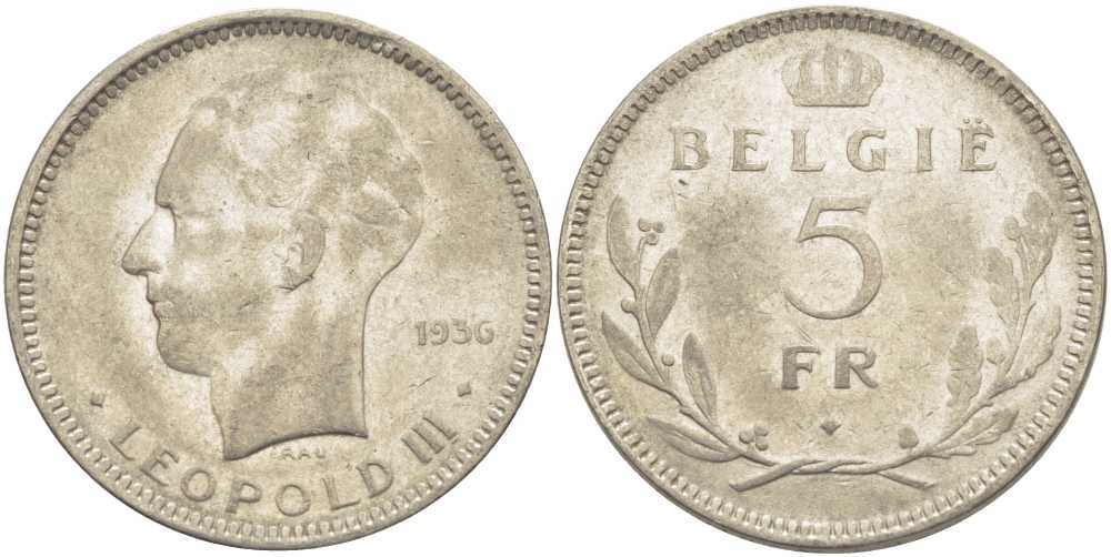 Бельгия 5 франков 1936 Леопольд III (1934-1951), Belgie KM 109 никель 3851-524