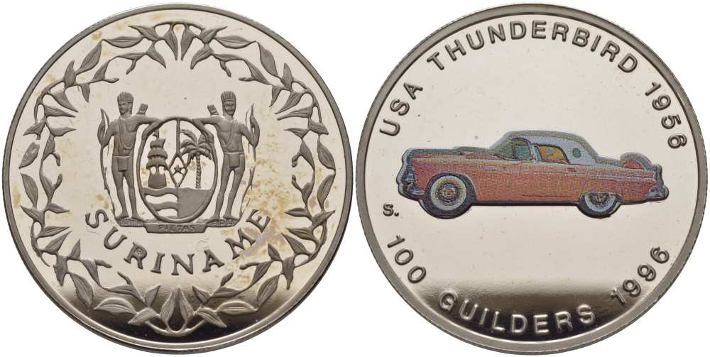 Суринам 100 гульденов 1996 США, Thunderbird 1956, эмаль KM 46 медно-никель PROOF 1069-3-31