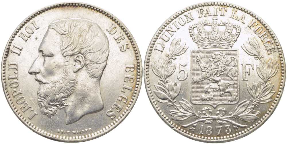 Бельгия 5 франков 1873 Леопольд II (1865-1909), позиция А KM 24 серебро 5010-925