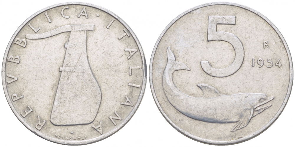 ИТАЛИЯ 5 ЛИР 1954 R, РУЛЬ, ДЕЛЬФИН KM 92 алюминий 3955-619