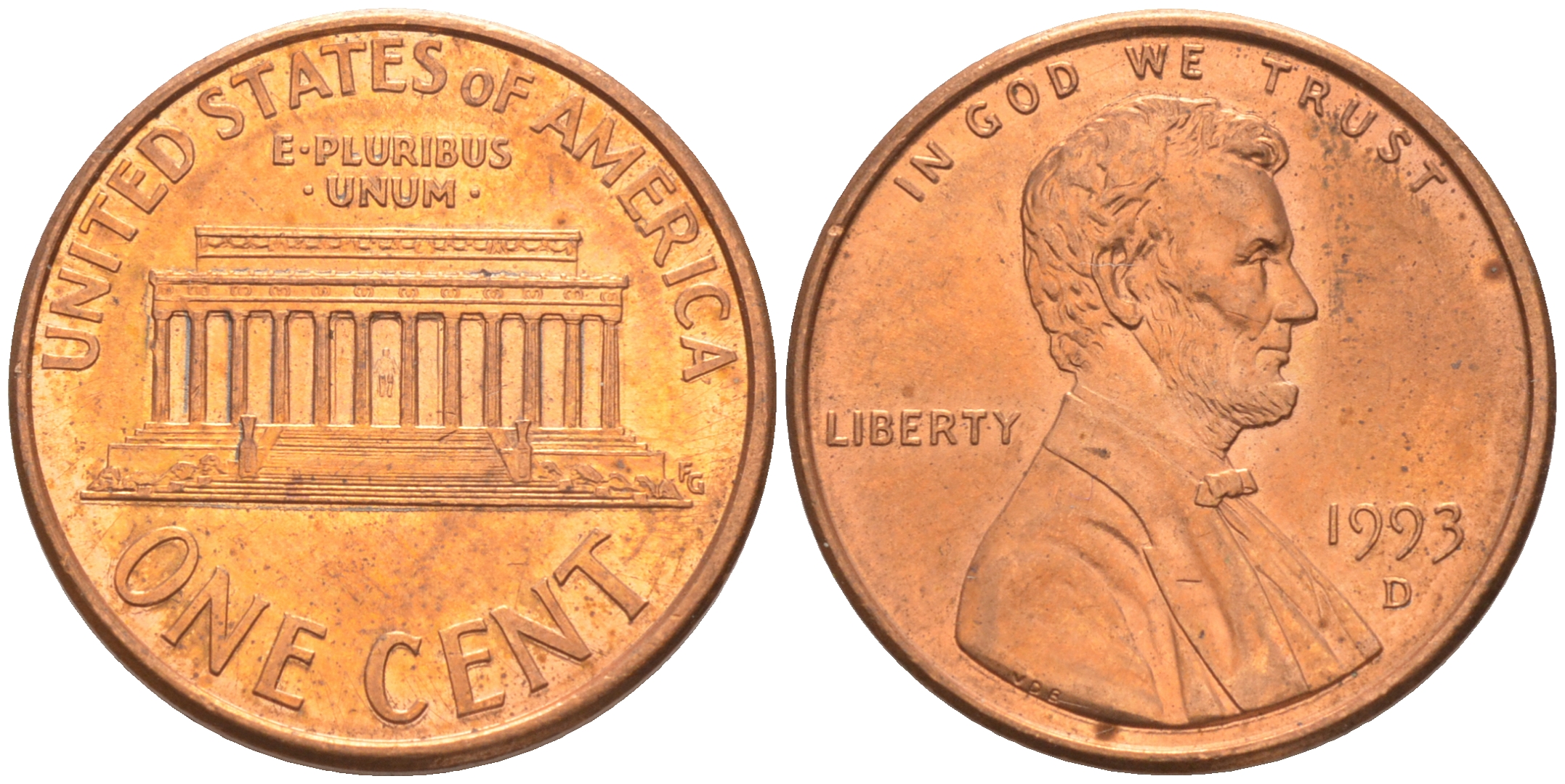 США 1 цент 1993 D, Авраам Линкольн KM 201b цинк плакированный медью 188-244