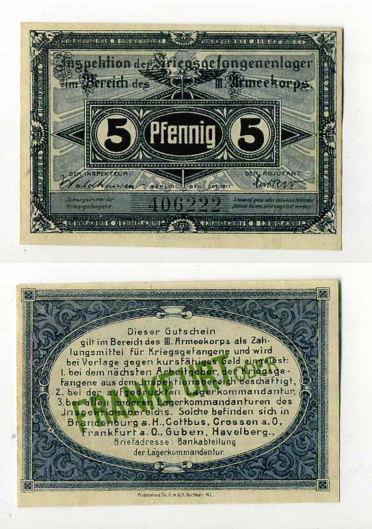 Германия 5 пфеннигов 1917 инспекция лагерей военнопленных в Франкфурте на Одере, III-ий Армейский корпус C-2962 бумага UNC (пресс) 504-91-3-1