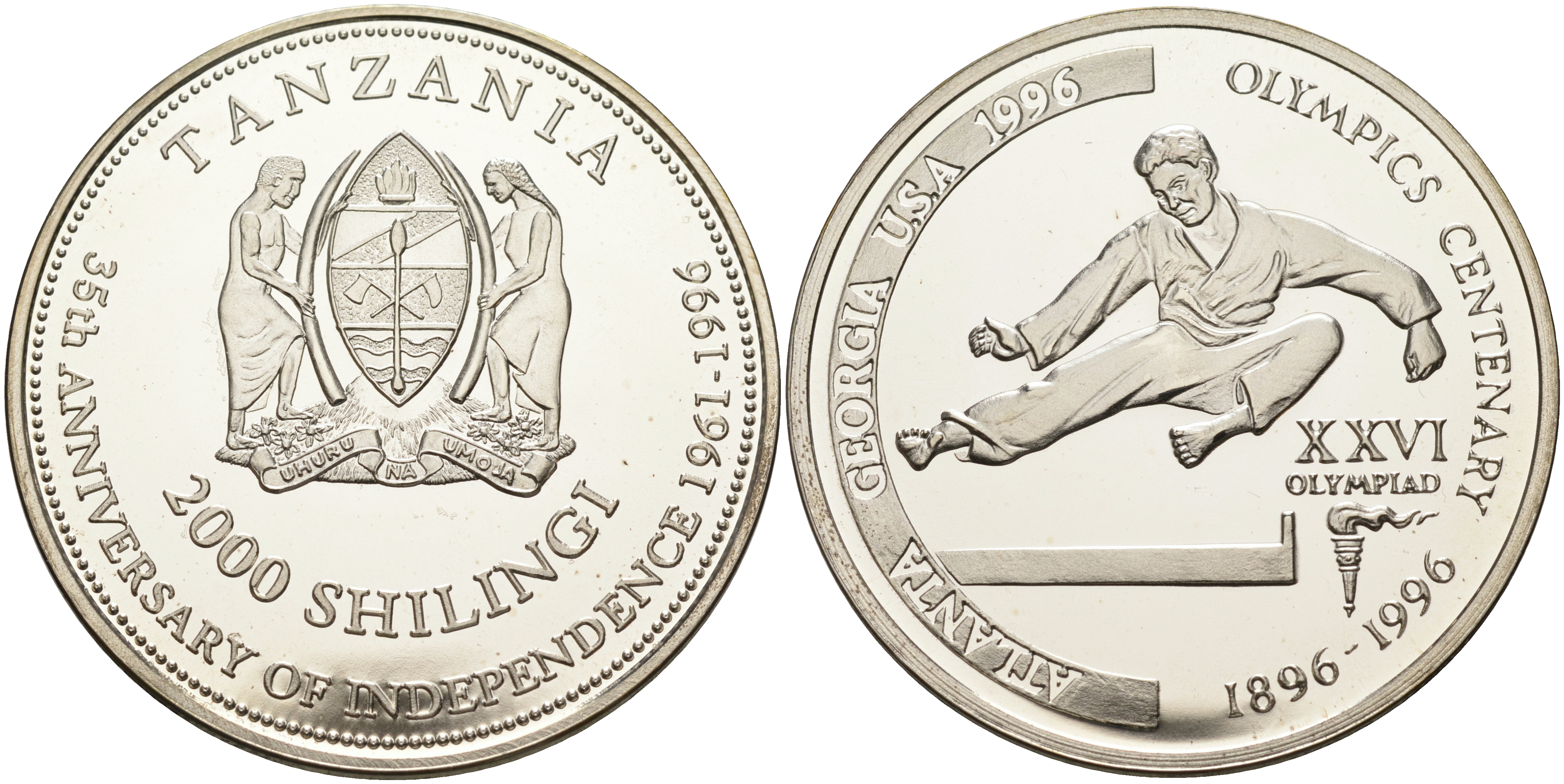 Танзания 2000 шиллингов 1996 XXVI Олимпийские игры 1996 года в Атланте, 100 лет Олимпийскому движению, карате, пробник, гладкий гурт серебро PROOF 06-158-14