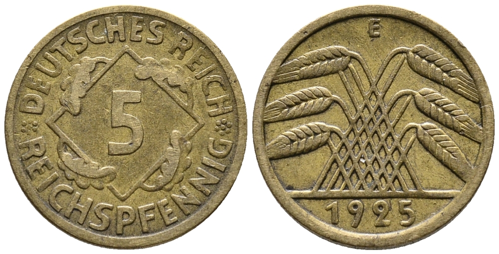 ГЕРМАНИЯ 5 РЕЙХСПФЕННИГОВ 1925 E KM 39, J. 316 алюминиевая бронза 39-554