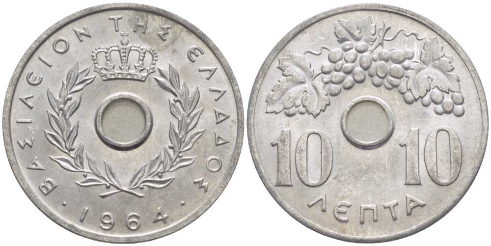 ГРЕЦИЯ 10 ЛЕПТА 1964 ПАВЕЛ I (1947-1964), ВИНОГРАДНАЯ ГРОЗДЬ KM 78 алюминий UNC 24-1252