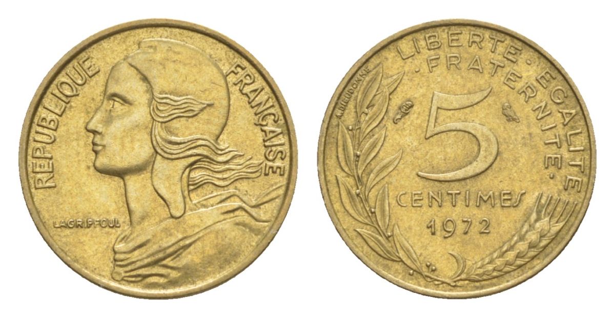 Франция 5 сантимов 1972 тип Morlon KM 933, Le Franc 125.8 алюминиевая бронза 4630-325