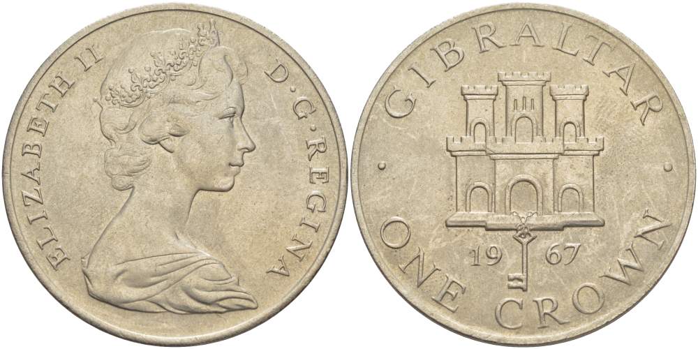 Гибралтар 1 крона 1967 Елизавета II (1952-2022), старый замок, первый год чекана KM 4 медно-никель UNC 4527-425
