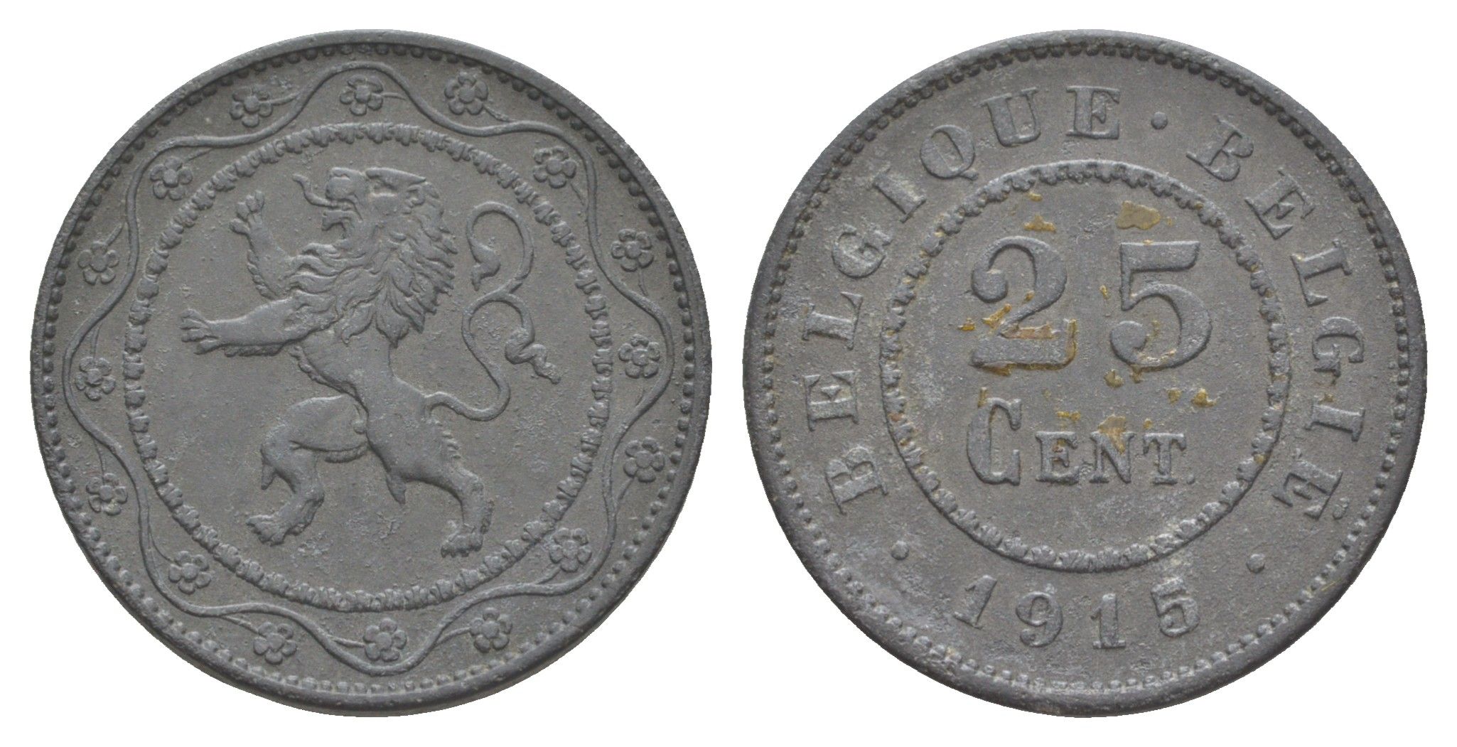 Бельгия 25 сантимов 1915 германская оккупация Первая мировая война, Альберт I (1909-1934) KM 82 цинк 4156-711