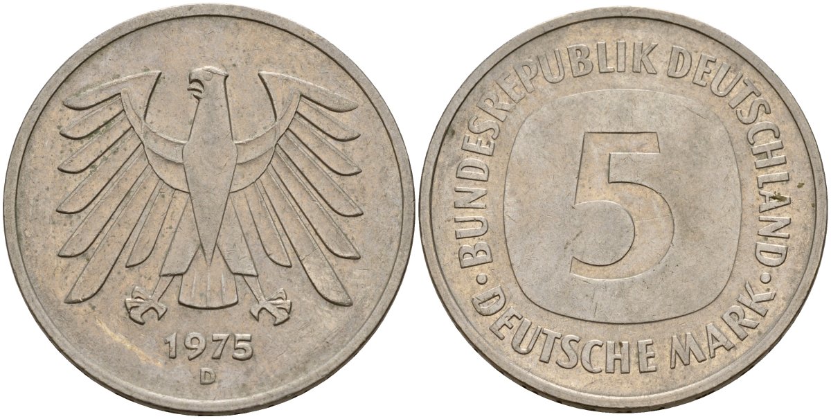 ФРГ 5 марок 1975 D, монетный двор Мюнхен КМ 140.1, J. 415 медно-никель плакированный никелем 4157-231