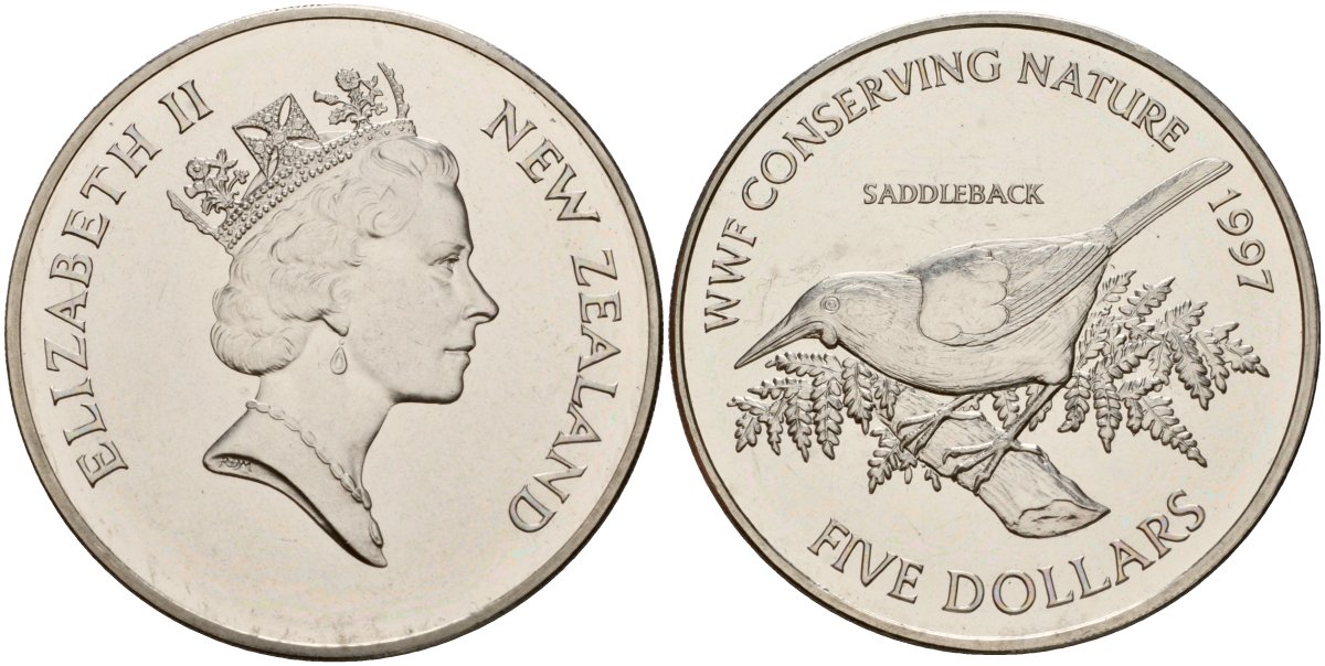 Новая Зеландия 5 долларов 1997 Тико, новозеландский скворец KM 103 медно-никель UNC 00-00