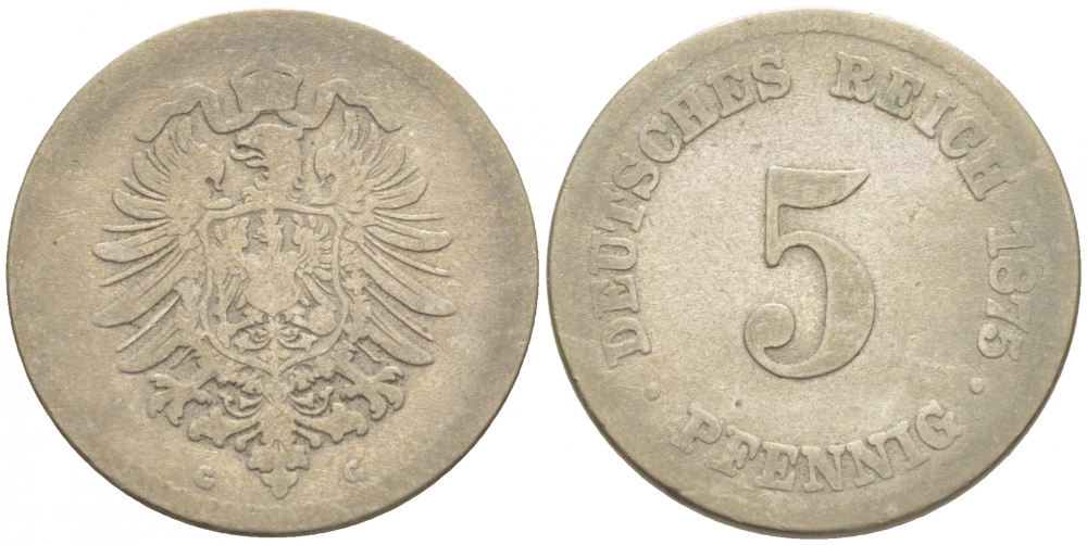 ГЕРМАНИЯ 5 ПФЕННИГОВ 1875 G, СТАРОГЕРБОВКА KM 3, J.3 медно-никель 3996-1126