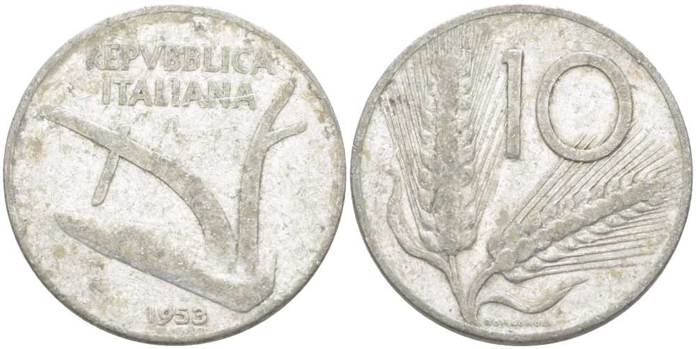 Италия 10 лир 1953 R, плуг, колосья KM 93 алюминий 175-341
