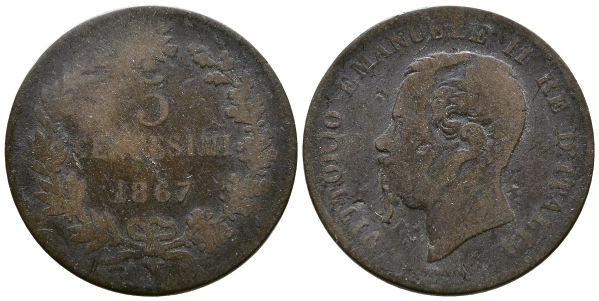 ИТАЛИЯ 5 ЧЕНТЕЗИМО 1867 M, ВИКТОР ИМАНУИЛ II KM 3.2 медь 4381-432