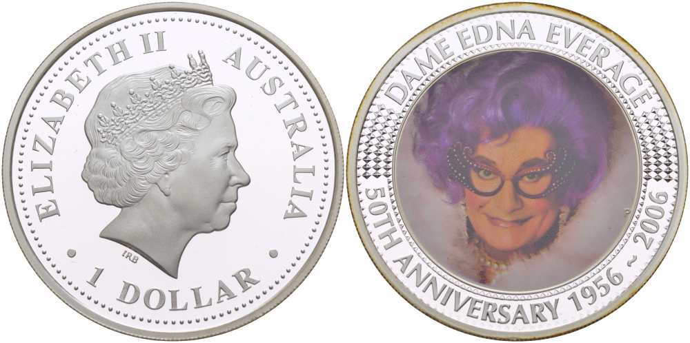 Австралия 1 доллар 2006 Дама Эдна Эвередж (1956-2006), цветная эмаль KM 849 серебро PROOF 11-176-22
