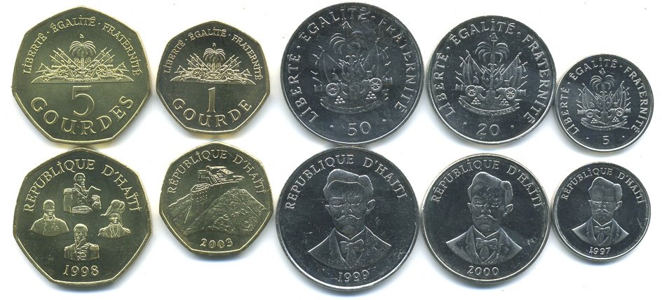 Гаити лот из  монет 1997-2003 (5, 20, 50 сантимов, 1, 5 гурдов) UNC 181-1143-1147