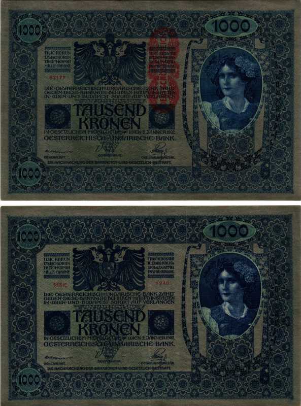 АВСТРИЯ 1000 КРОН 1919 КРАСНАЯ ВЕРТИКАЛЬНАЯ НАДПЕЧАТКА НА 1902 Pick 59 бумага XF 8606-42-1