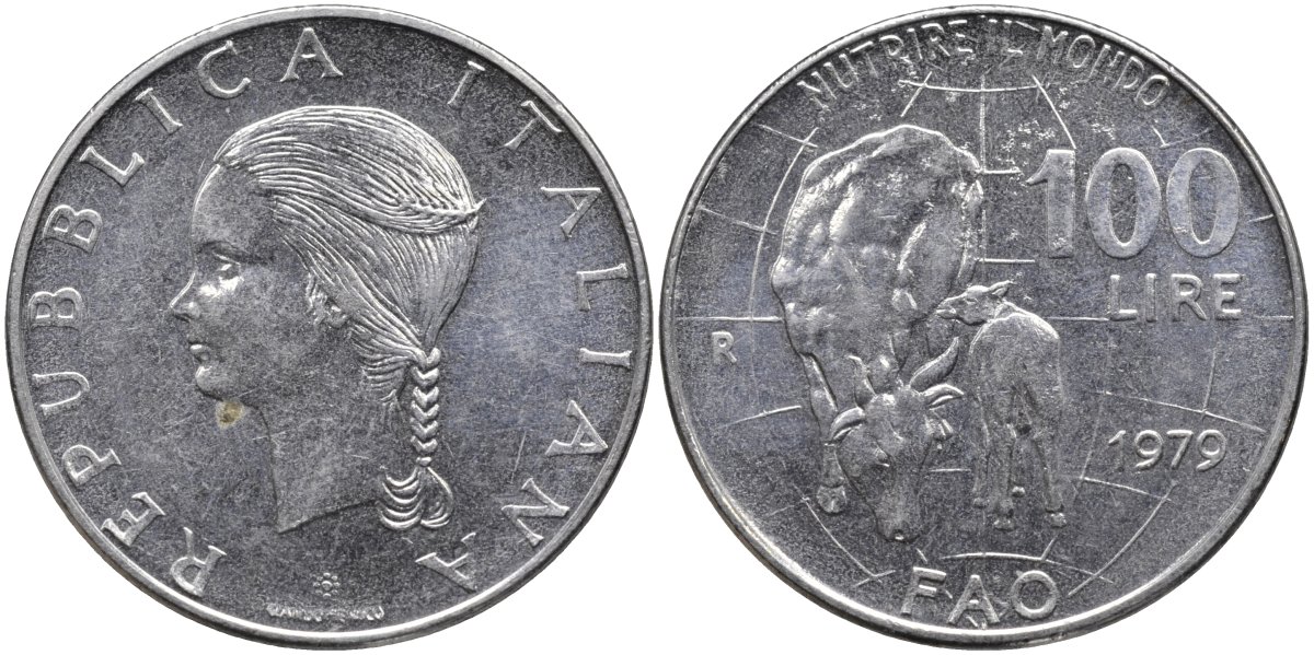 Италия 100 лир 1979 R, FAO, корова с теленком KM 106 нержавеющая сталь 4165-122