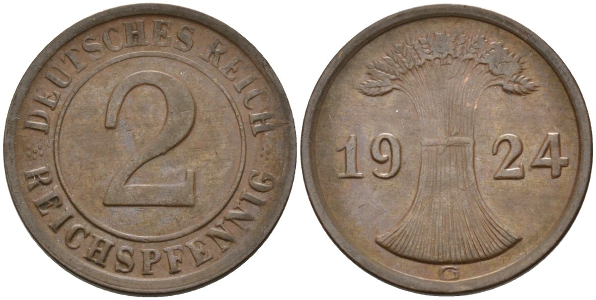 Германия 2 рейхспфеннига 1924 G KM 38, J.314, Weege 4 медь 4584-642