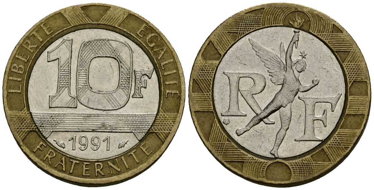 Франция 10 франков 1991 тип Гений Бастилии KM 964.1, Le Frank 375.6 биметалл 4135-546