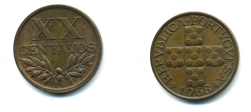 ПОРТУГАЛИЯ 20 СЕНТАВО 1968 KM 584 бронза 35-765