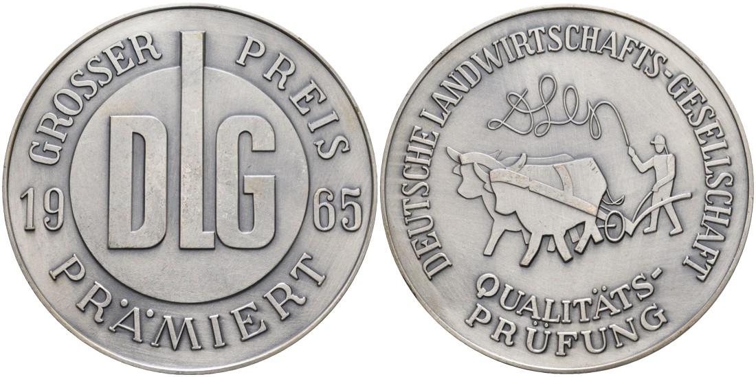 Германия медаль 1965 аудиторское общество по качеству, премирует главным призом DLG, диаметр 61 мм.  белый металл    1069-4-12